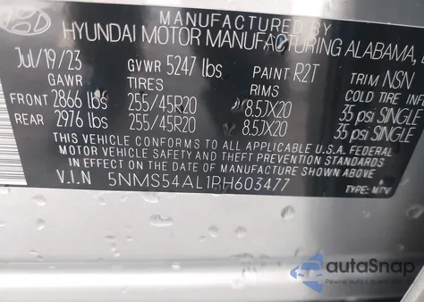 2023 Hyundai Santa Fe Calligraphy z USA, uszkodzony, nr VIN 5NMS54AL1PH603477